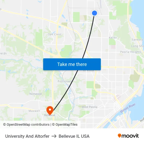 University And Altorfer to Bellevue IL USA map