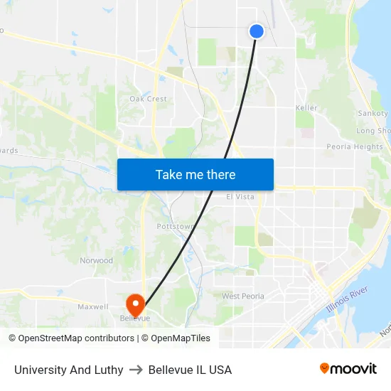 University And Luthy to Bellevue IL USA map
