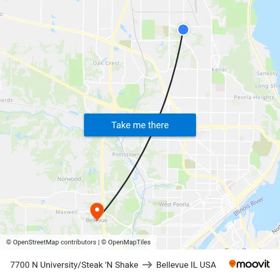7700 N University/Steak 'N Shake to Bellevue IL USA map