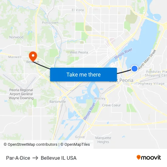 Par-A-Dice to Bellevue IL USA map