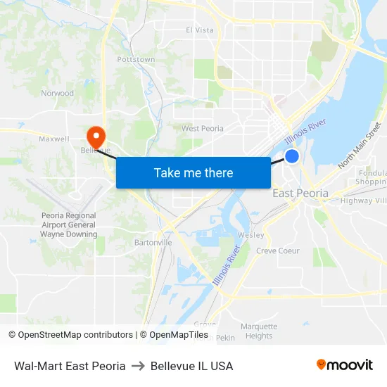Wal-Mart East Peoria to Bellevue IL USA map