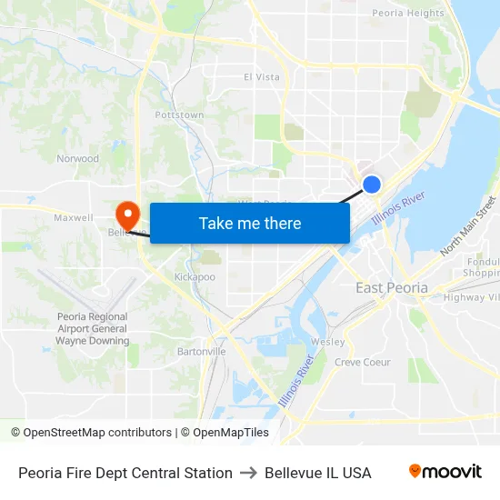 Peoria Fire Dept Central Station to Bellevue IL USA map