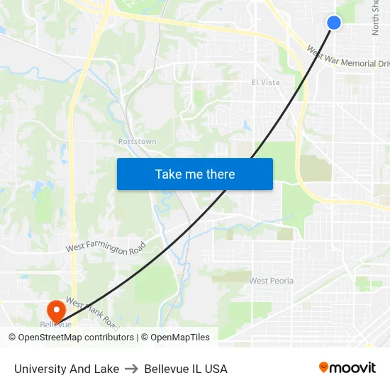 University And Lake to Bellevue IL USA map