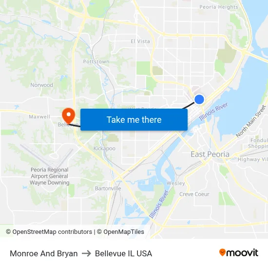 Monroe And Bryan to Bellevue IL USA map