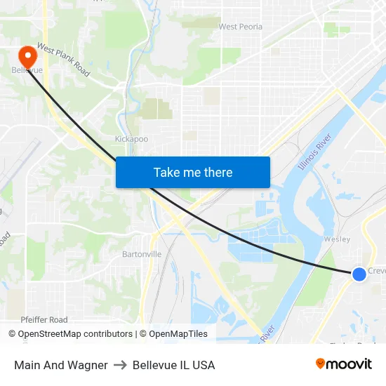 Main And Wagner to Bellevue IL USA map