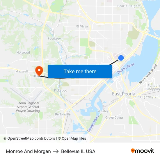 Monroe And Morgan to Bellevue IL USA map
