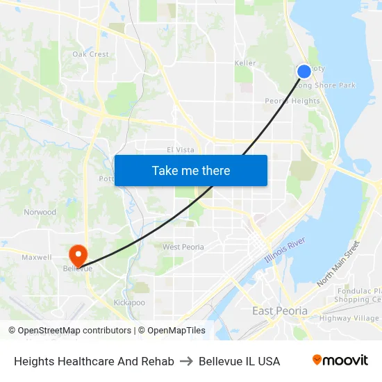 Heights Healthcare And Rehab to Bellevue IL USA map
