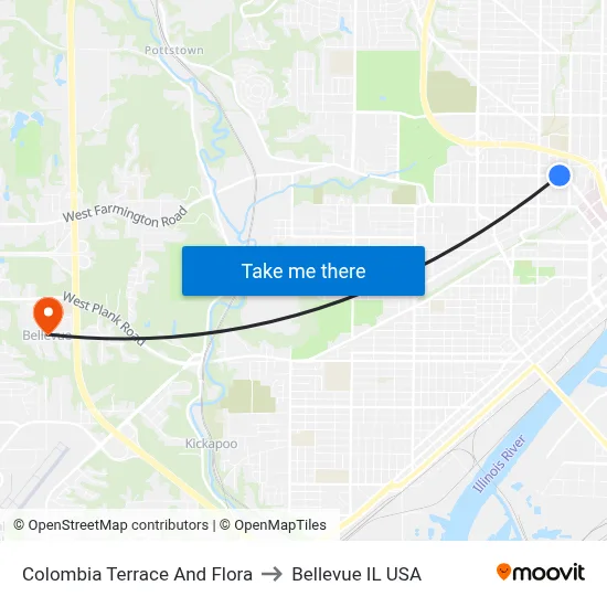 Colombia Terrace And Flora to Bellevue IL USA map