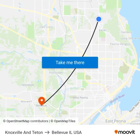 Knoxville And Teton to Bellevue IL USA map