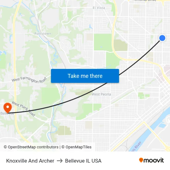 Knoxville And Archer to Bellevue IL USA map