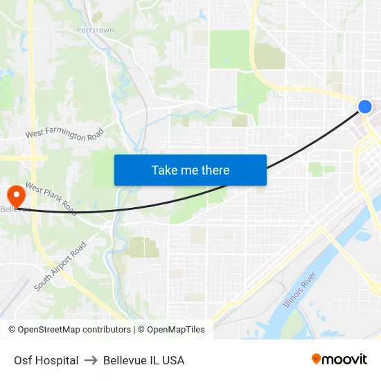 Osf Hospital to Bellevue IL USA map