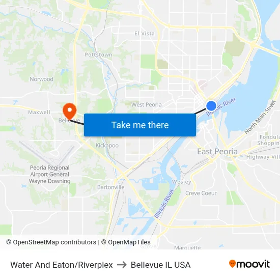 Water And Eaton/Riverplex to Bellevue IL USA map