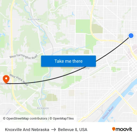 Knoxville And Nebraska to Bellevue IL USA map