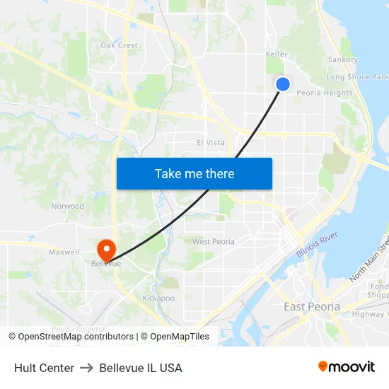 Hult Center to Bellevue IL USA map