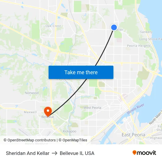 Sheridan And Kellar to Bellevue IL USA map