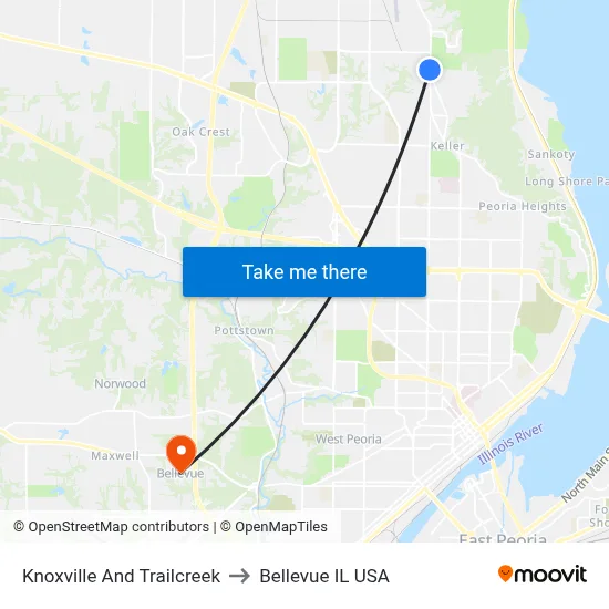 Knoxville And Trailcreek to Bellevue IL USA map