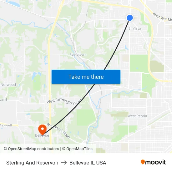 Sterling And Reservoir to Bellevue IL USA map