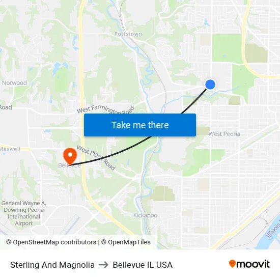 Sterling And Magnolia to Bellevue IL USA map
