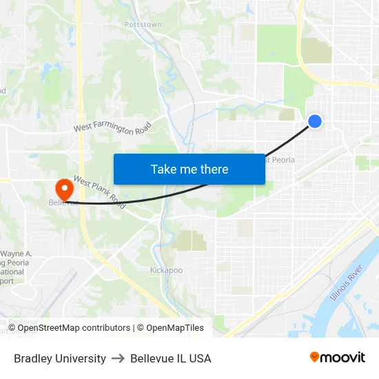 Bradley University to Bellevue IL USA map