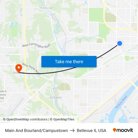 Main And Bourland/Campustown to Bellevue IL USA map