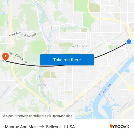 Monroe And Main to Bellevue IL USA map