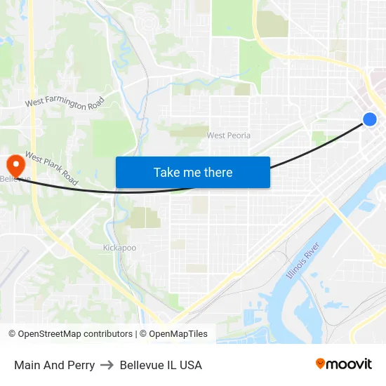 Main And Perry to Bellevue IL USA map