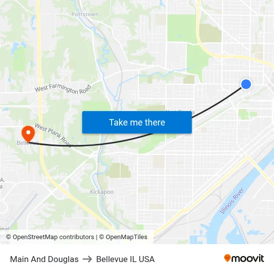 Main And Douglas to Bellevue IL USA map