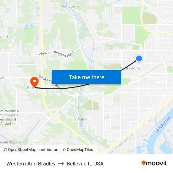 Western And Bradley to Bellevue IL USA map