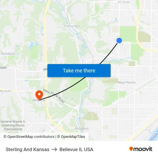 Sterling And Kansas to Bellevue IL USA map