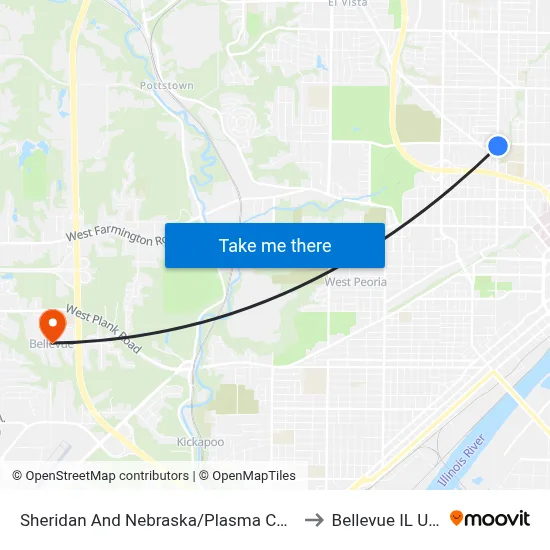 Sheridan And Nebraska/Plasma Center to Bellevue IL USA map