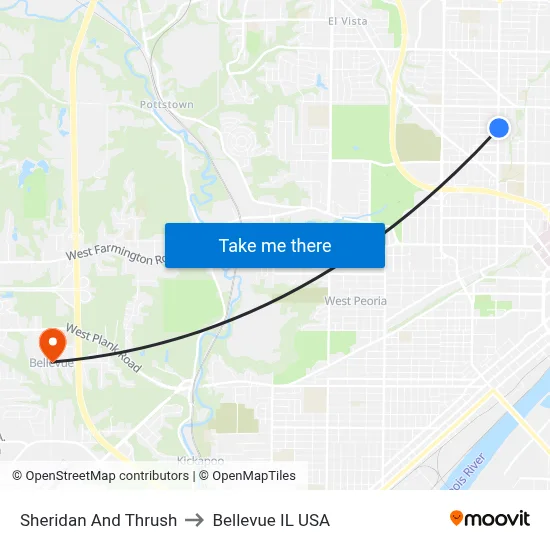 Sheridan And Thrush to Bellevue IL USA map