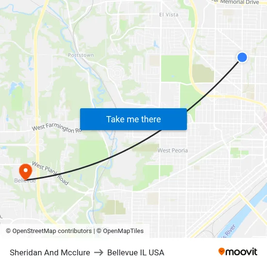Sheridan And Mcclure to Bellevue IL USA map