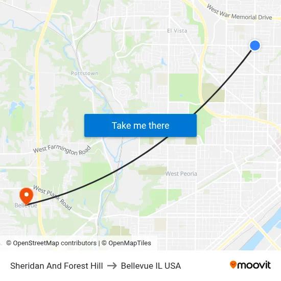 Sheridan And Forest Hill to Bellevue IL USA map