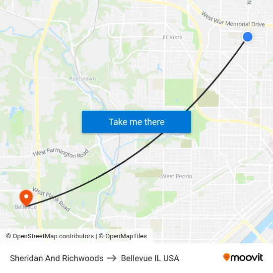 Sheridan And Richwoods to Bellevue IL USA map