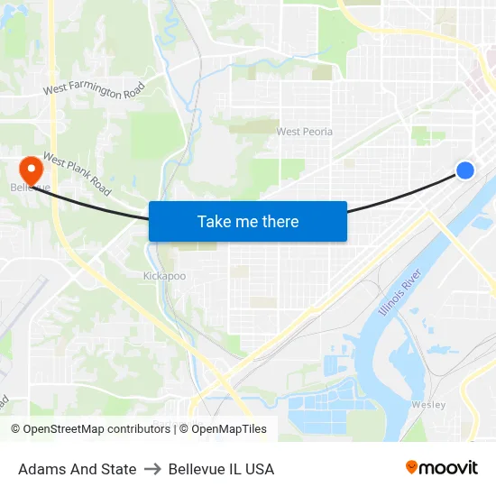 Adams And State to Bellevue IL USA map