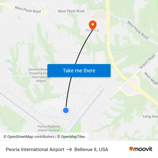 Peoria International Airport to Bellevue IL USA map