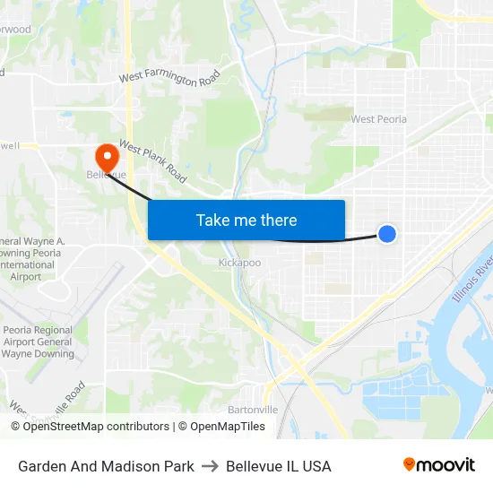 Garden And Madison Park to Bellevue IL USA map