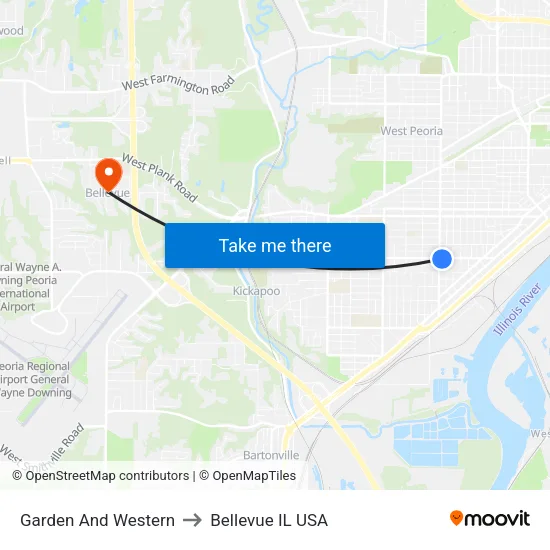 Garden And Western to Bellevue IL USA map