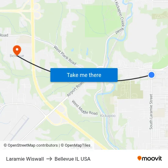 Laramie Wiswall to Bellevue IL USA map