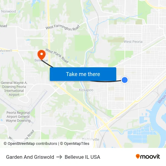 Garden And Griswold to Bellevue IL USA map
