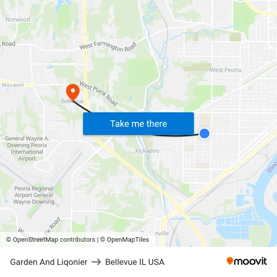 Garden And Liqonier to Bellevue IL USA map