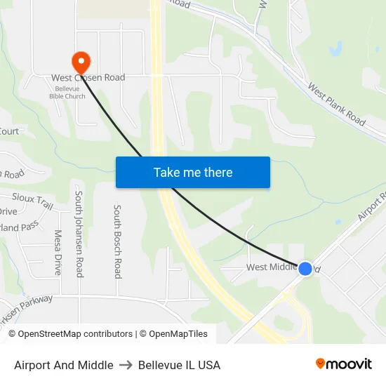Airport And Middle to Bellevue IL USA map