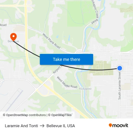 Laramie And Tonti to Bellevue IL USA map