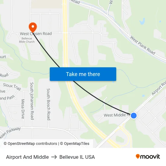 Airport And Middle to Bellevue IL USA map