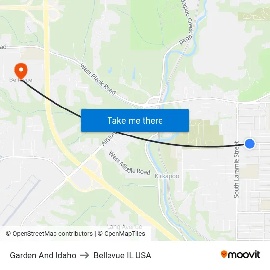 Garden And Idaho to Bellevue IL USA map