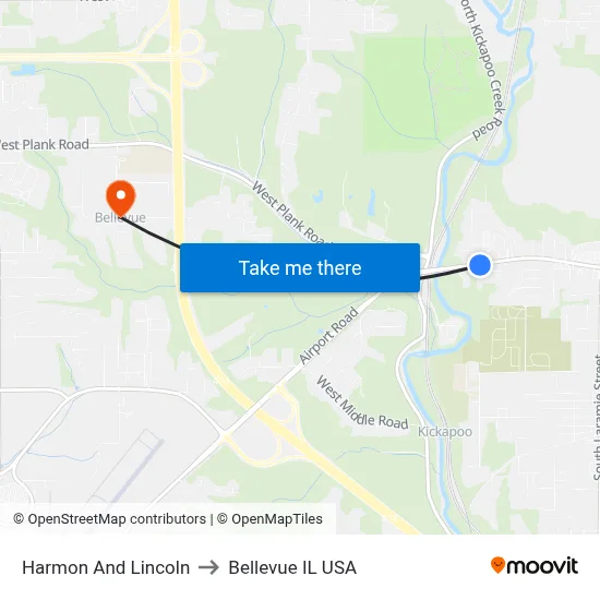 Harmon And Lincoln to Bellevue IL USA map