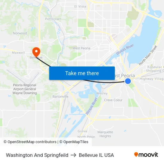 Washington And Springfeild to Bellevue IL USA map