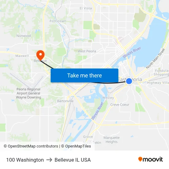 100 Washington to Bellevue IL USA map