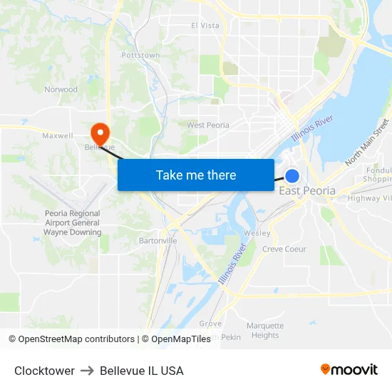 Clocktower to Bellevue IL USA map