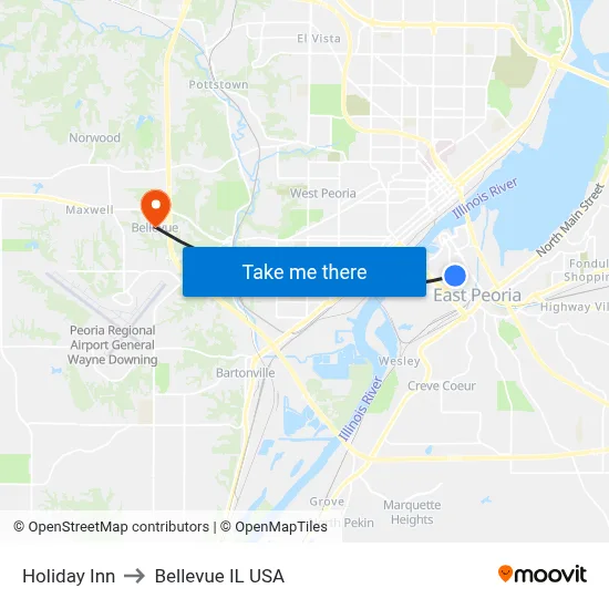 Holiday Inn to Bellevue IL USA map